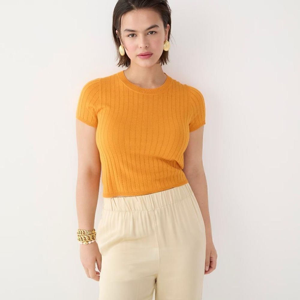 J. Crew Orange Ribbed Cap Sleeve Fitted Tee